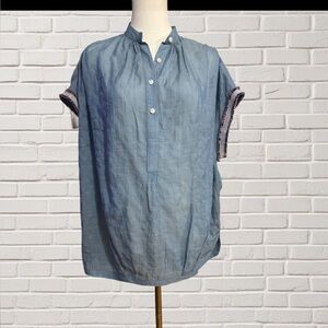 KOCH Oversized Blue Cotton Tencel Blouse w/ Colorful Trim Casual Chic Effortless